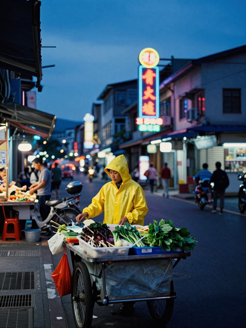 Blue Hour Street Scene in Kaohsiung Taiwan with Vendor and Neon Lights in in Kaohsiung, Taiwan