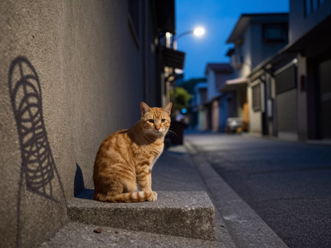 Blue Hour Street Scene in Kaohsiung with Wicker Shadow and Ginger Cat in in Kaohsiung, Taiwan