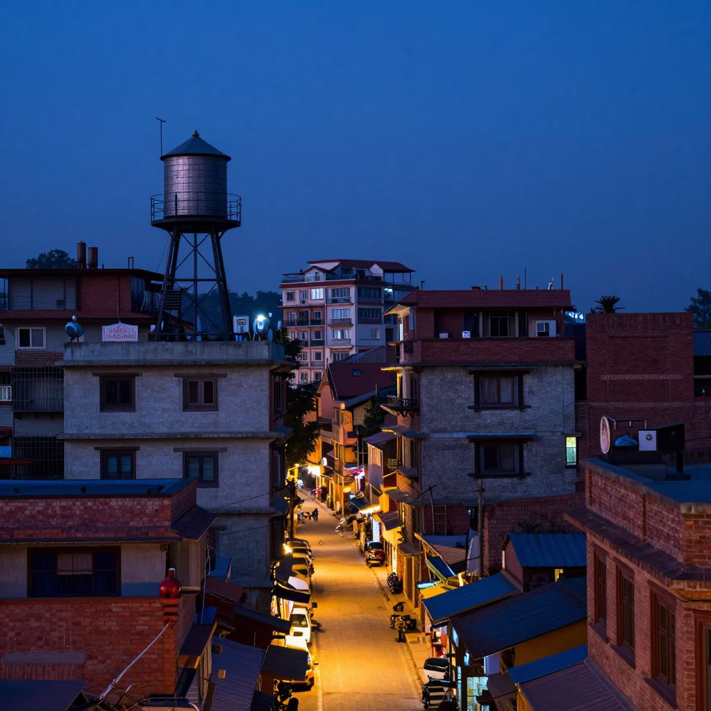 Blue Hour Street Scene in Kathmandu Nepal Rooftop Water Tower and District Heating Pipes in in Kathmandu, Nepal