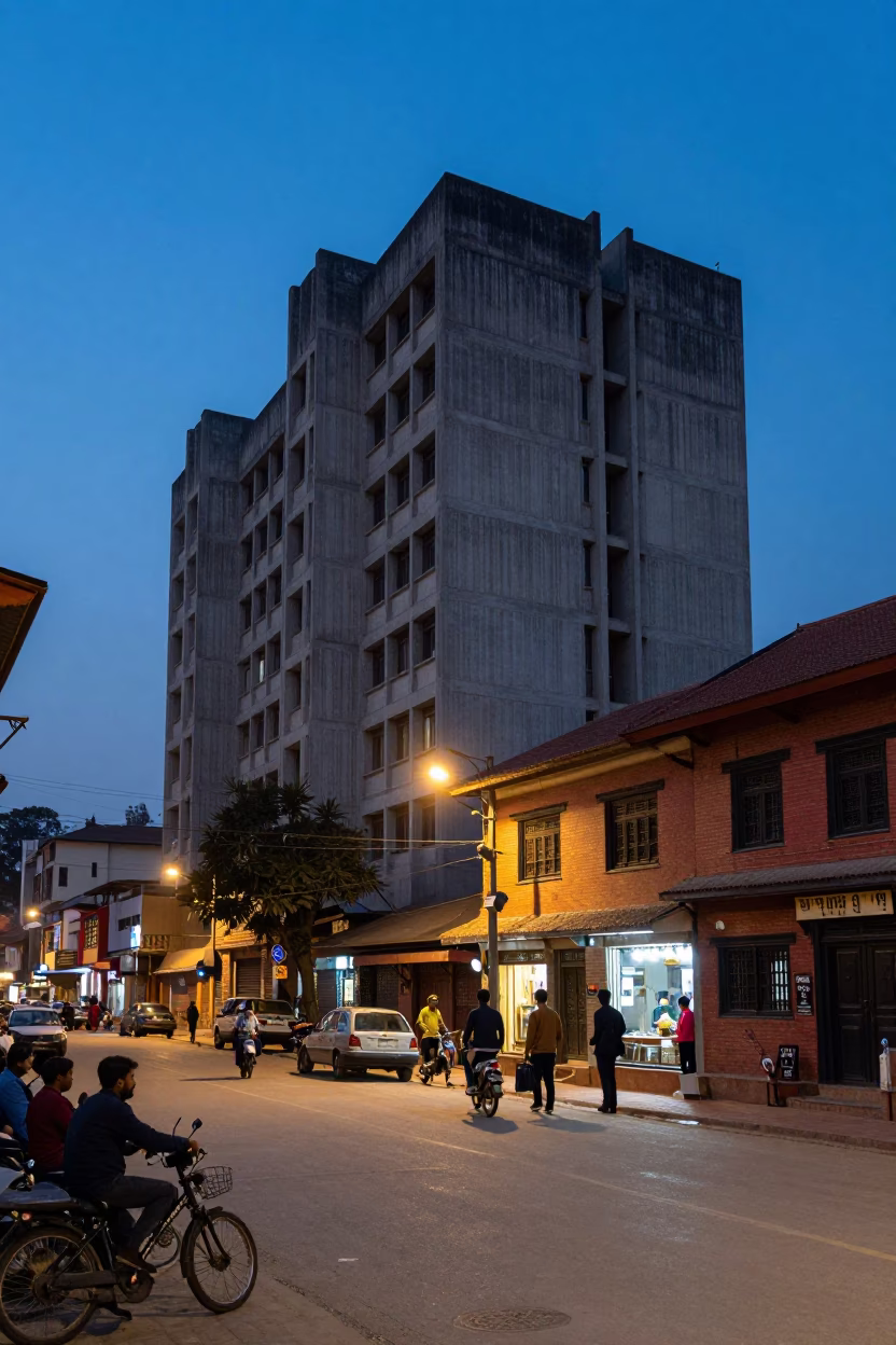 Blue Hour Street Scene in Kathmandu Nepal with Concrete Brutalist Architecture and Local Life in in Kathmandu, Nepal