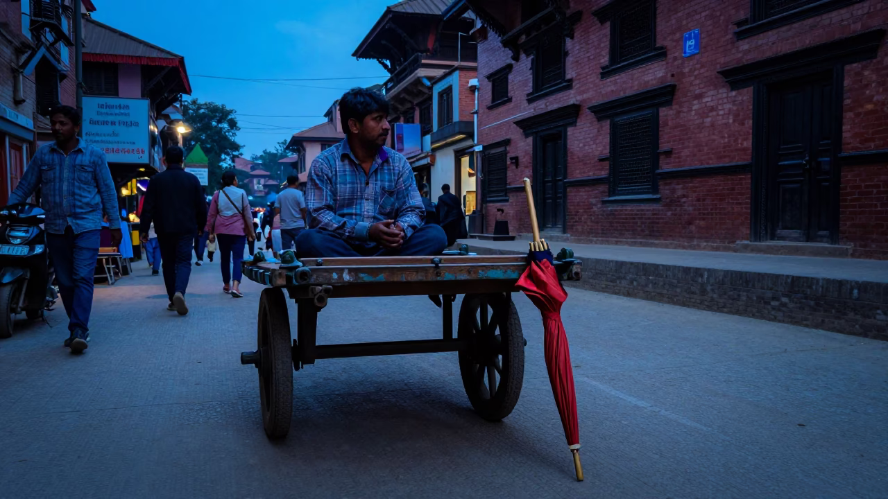 Blue Hour Street Scene in Kathmandu Nepal with Folded Parasol and Locket Detail in in Kathmandu, Nepal