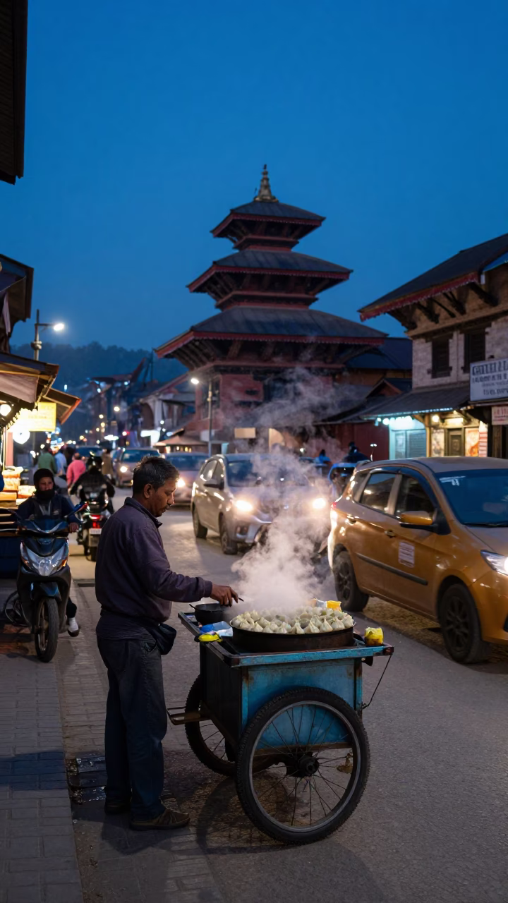 Blue Hour Street Scene in Kathmandu Nepal with Food Vendor and Traffic in in Kathmandu, Nepal