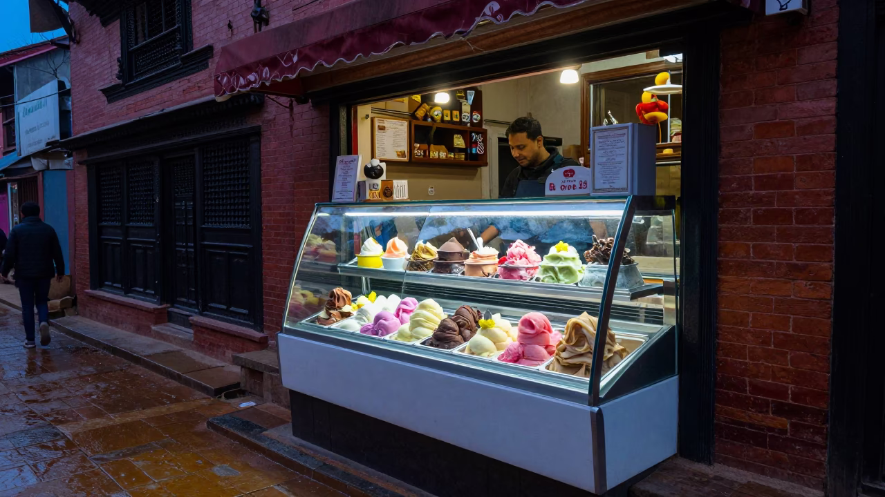 Blue Hour Street Scene in Kathmandu Nepal with Gelato Display and Wet Flagstones in in Kathmandu, Nepal