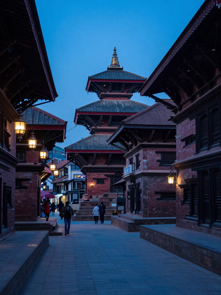 Blue Hour Street Scene in Kathmandu Nepal with Lanterns and Stone Architecture in in Kathmandu, Nepal