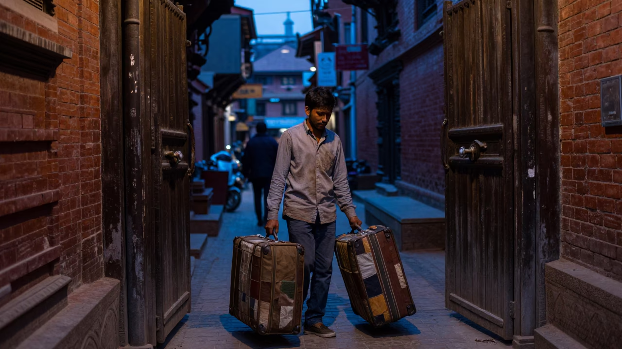 Blue Hour Street Scene in Kathmandu Nepal with Suitcases and Gate Handle in in Kathmandu, Nepal