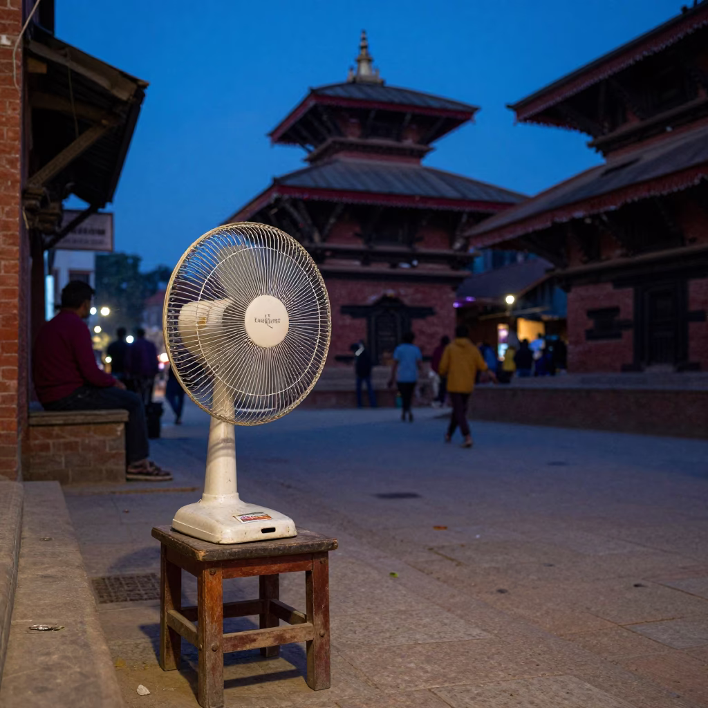 Blue Hour Street Scene in Kathmandu Nepal with Table Fan and Evening Activity in in Kathmandu, Nepal
