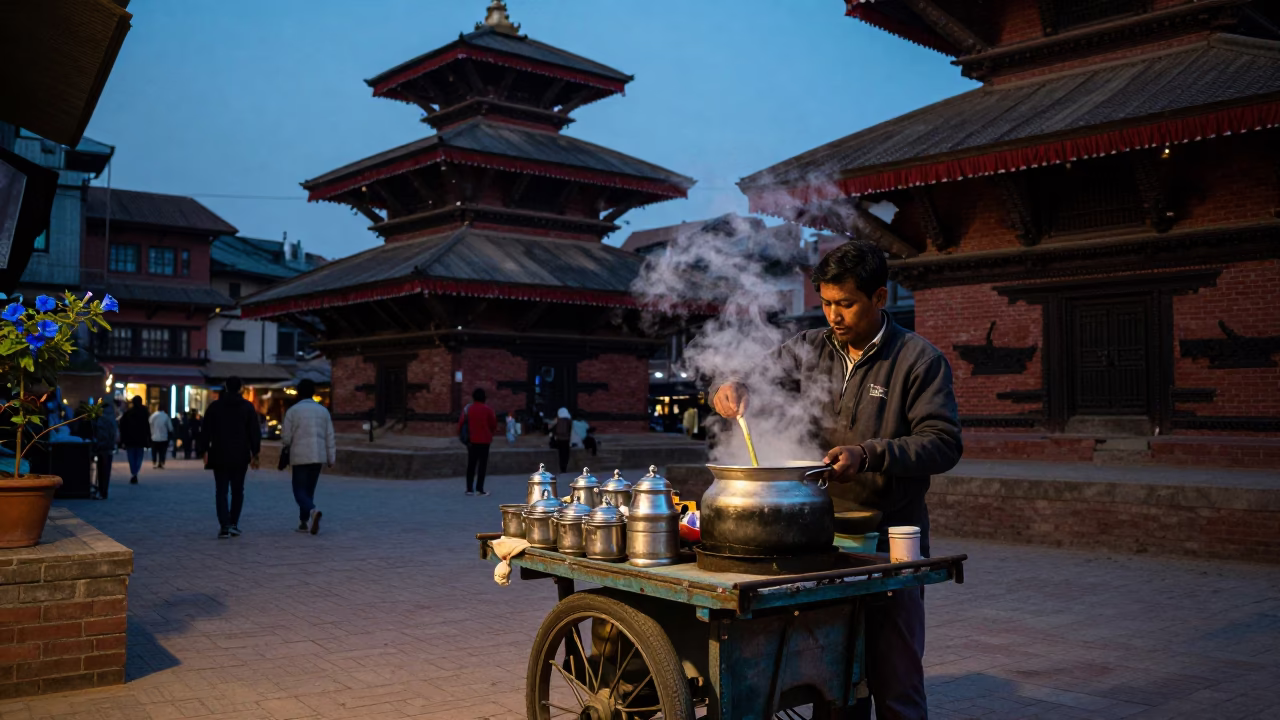 Blue Hour Street Scene in Kathmandu Nepal with Tea Vendor and Morning Glory Vine in in Kathmandu, Nepal