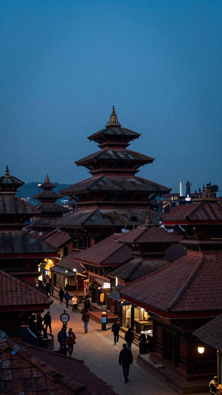 Blue Hour Street Scene in Kathmandu Nepal with Temple Architecture and Local Life in in Kathmandu, Nepal