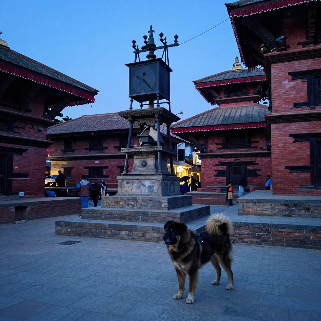 Blue Hour Street Scene in Kathmandu Nepal with Tibetan Mastiff and Substation in in Kathmandu, Nepal
