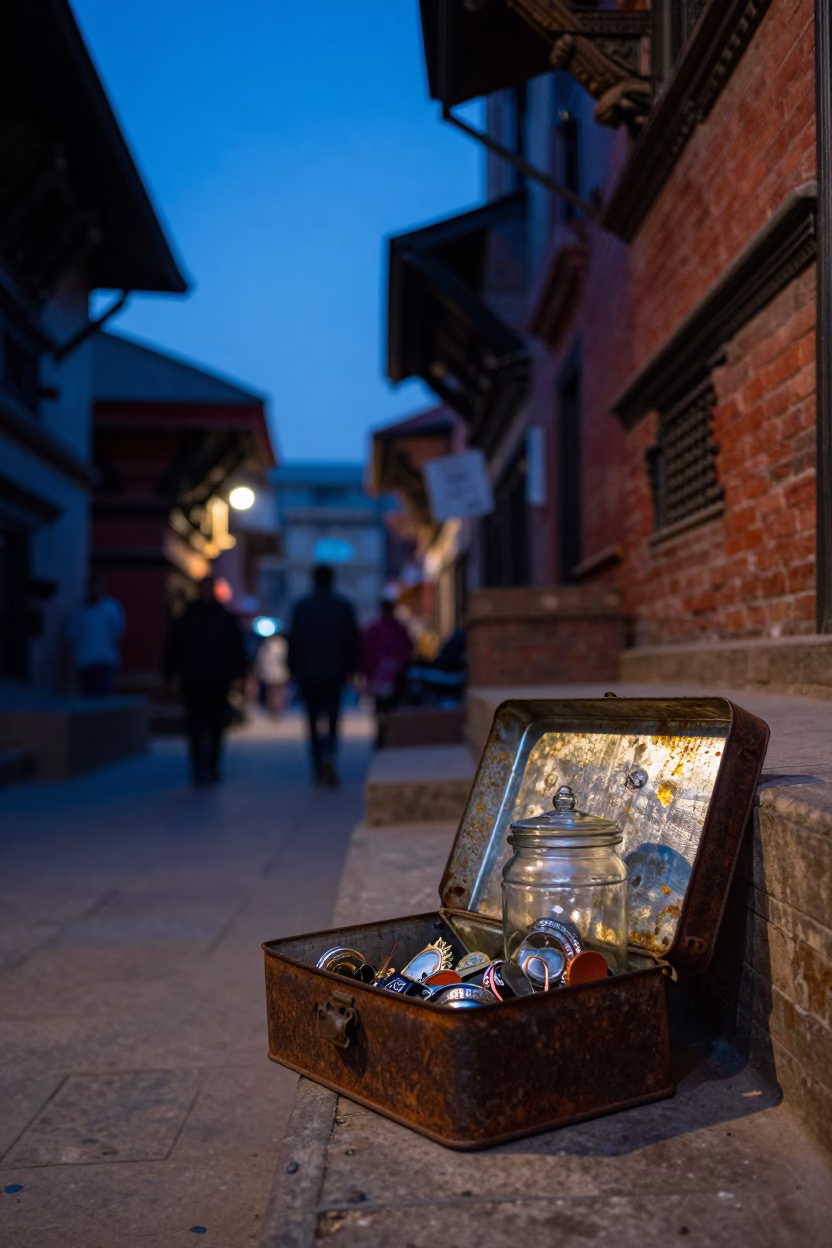 Blue Hour Street Scene in Kathmandu Nepal with Tin Box and Glass Jar in in Kathmandu, Nepal