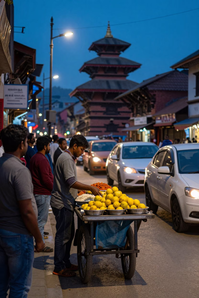 Blue Hour Street Scene in Kathmandu Nepal with Vendors and Traffic in in Kathmandu, Nepal