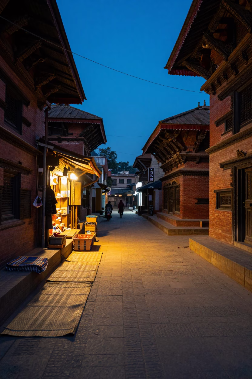 Blue Hour Street Scene in Kathmandu Nepal with Woven Mats and Local Commerce in in Kathmandu, Nepal