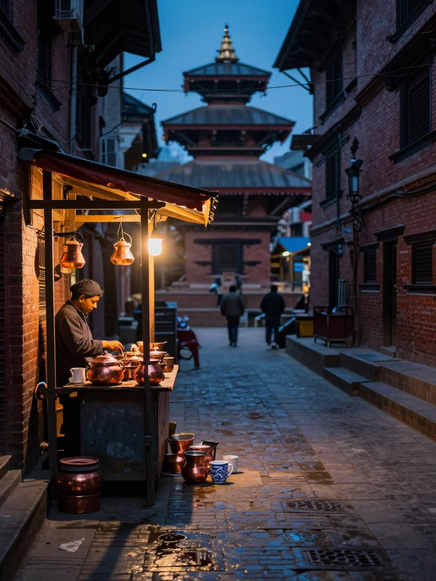 Blue hour street scene in Kathmandu with copper pots and ceramic mugs in in Kathmandu, Nepal