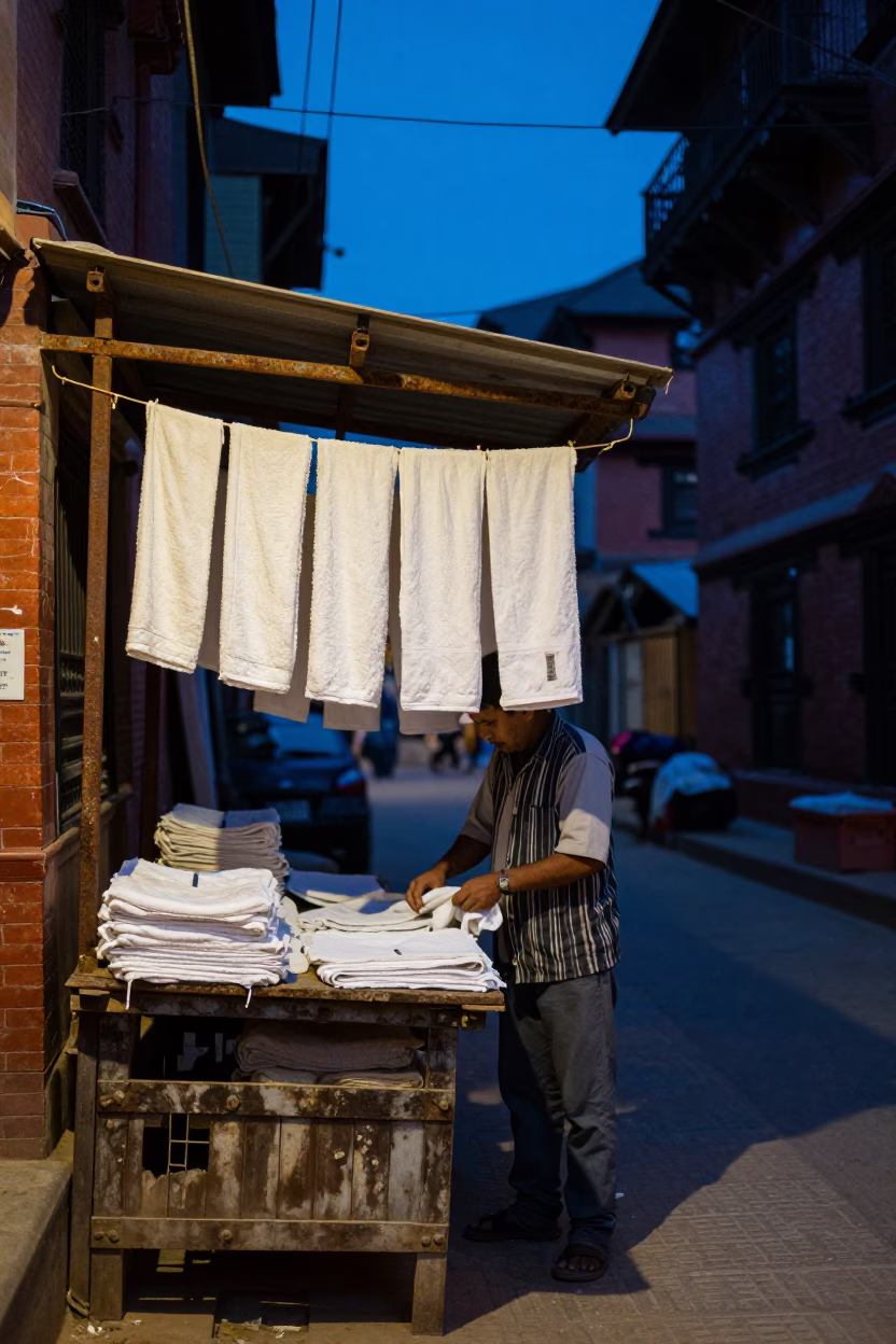 Blue Hour Street Scene in Kathmandu With Hanging Hand Towels in in Kathmandu, Nepal