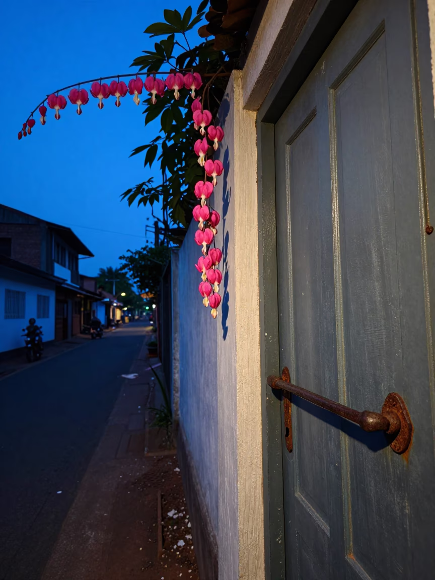 Blue Hour Street Scene in Kochi India with Bleeding Heart Vine and Door Handle in in Kochi, India