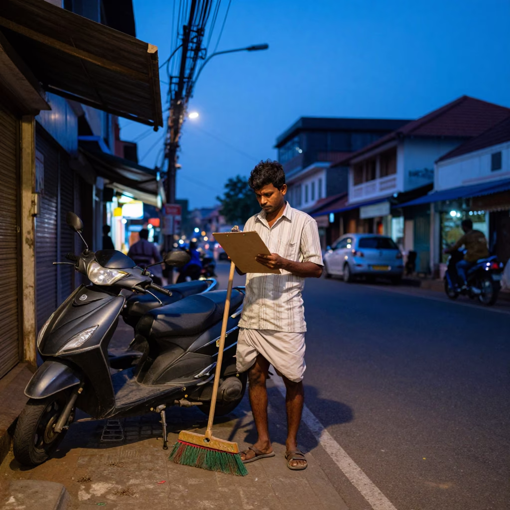 Blue Hour Street Scene in Kochi India with Clipboard and Broom in in Kochi, India