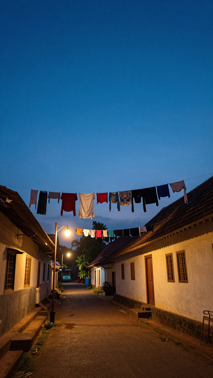 Blue Hour Street Scene in Kochi India with Clothesline and Lanterns in in Kochi, India