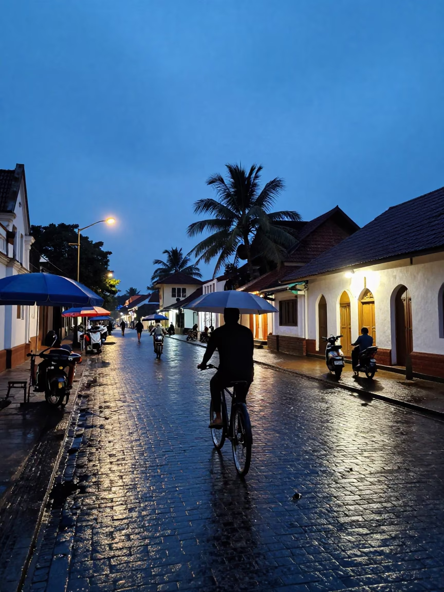 Blue Hour Street Scene in Kochi India with Cyclist and Umbrellas in in Kochi, India