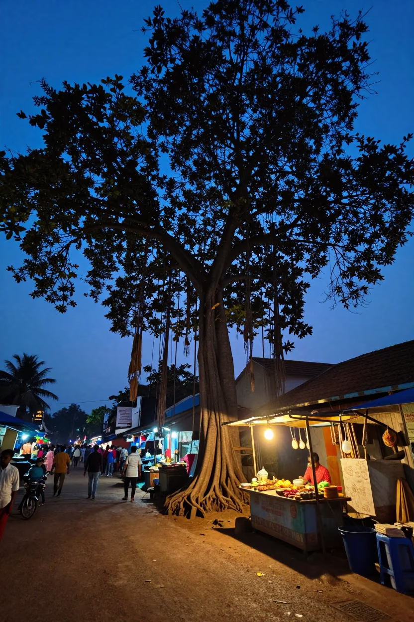 Blue Hour Street Scene in Kochi India with Kapok Tree and Local Market Activity in in Kochi, India