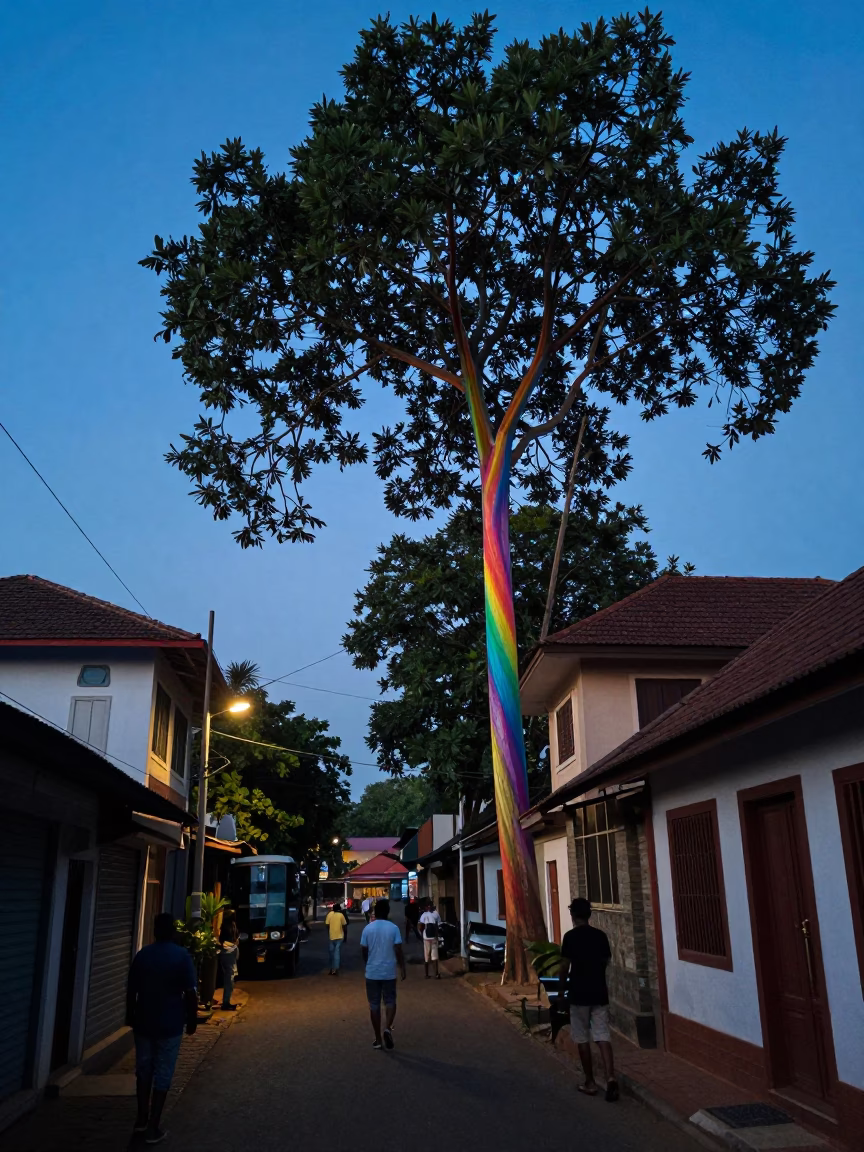 Blue Hour Street Scene in Kochi India with Rainbow Eucalyptus and Local Life in in Kochi, India