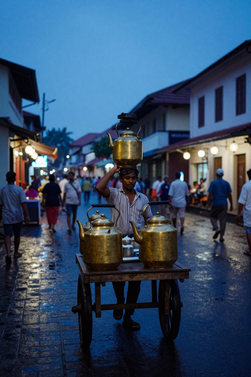 Blue Hour Street Scene in Kochi India with Tea Kettles and Lanterns in in Kochi, India