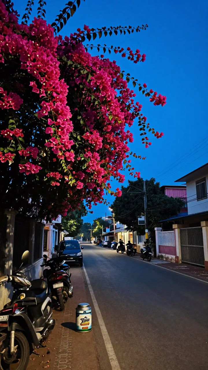 Blue Hour Street Scene in Kochi India with Tiffin Tin and Bougainvillea in in Kochi, India