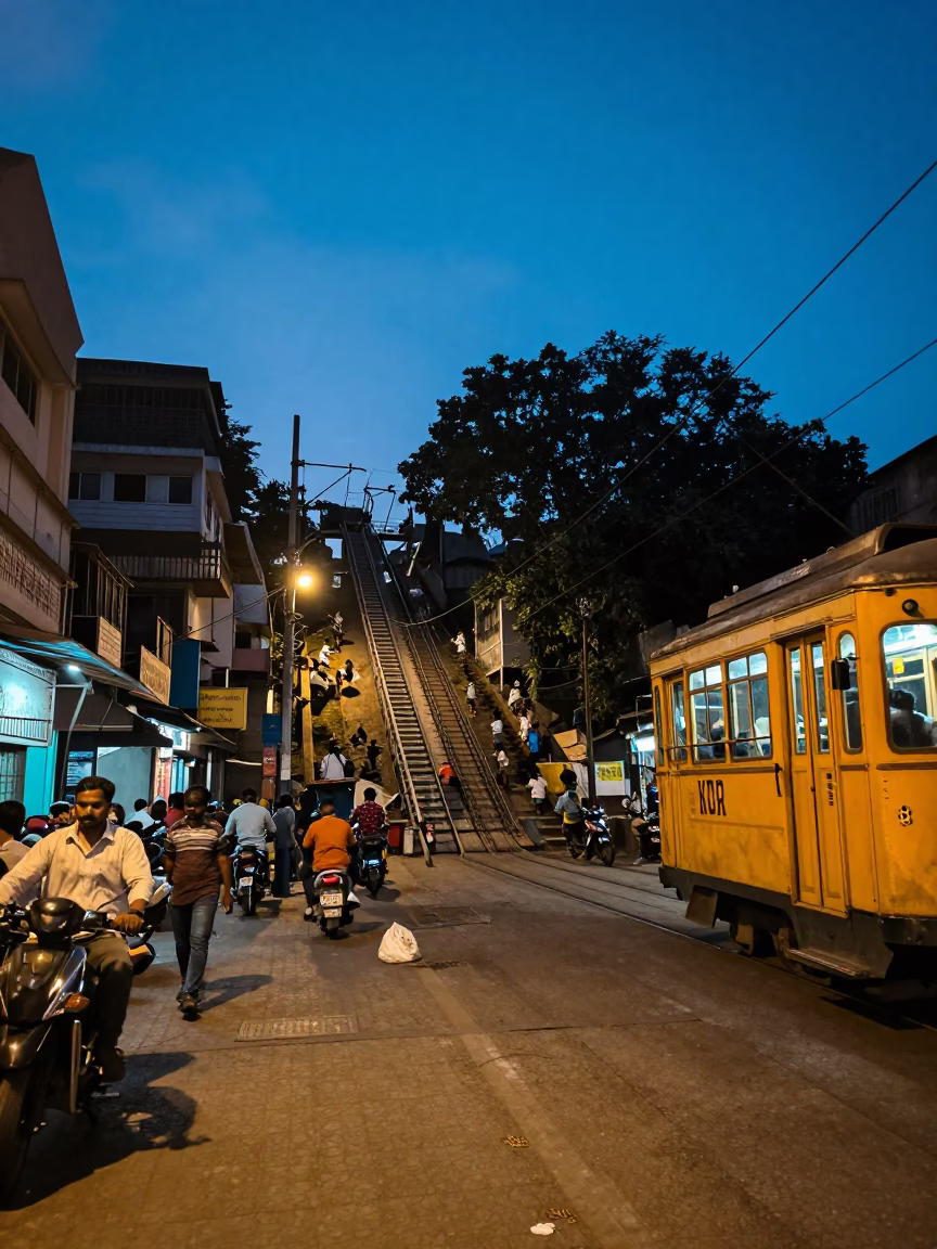 Blue Hour Street Scene in Kolkata India with Funicular Climbing Steep Hill in in Kolkata, India