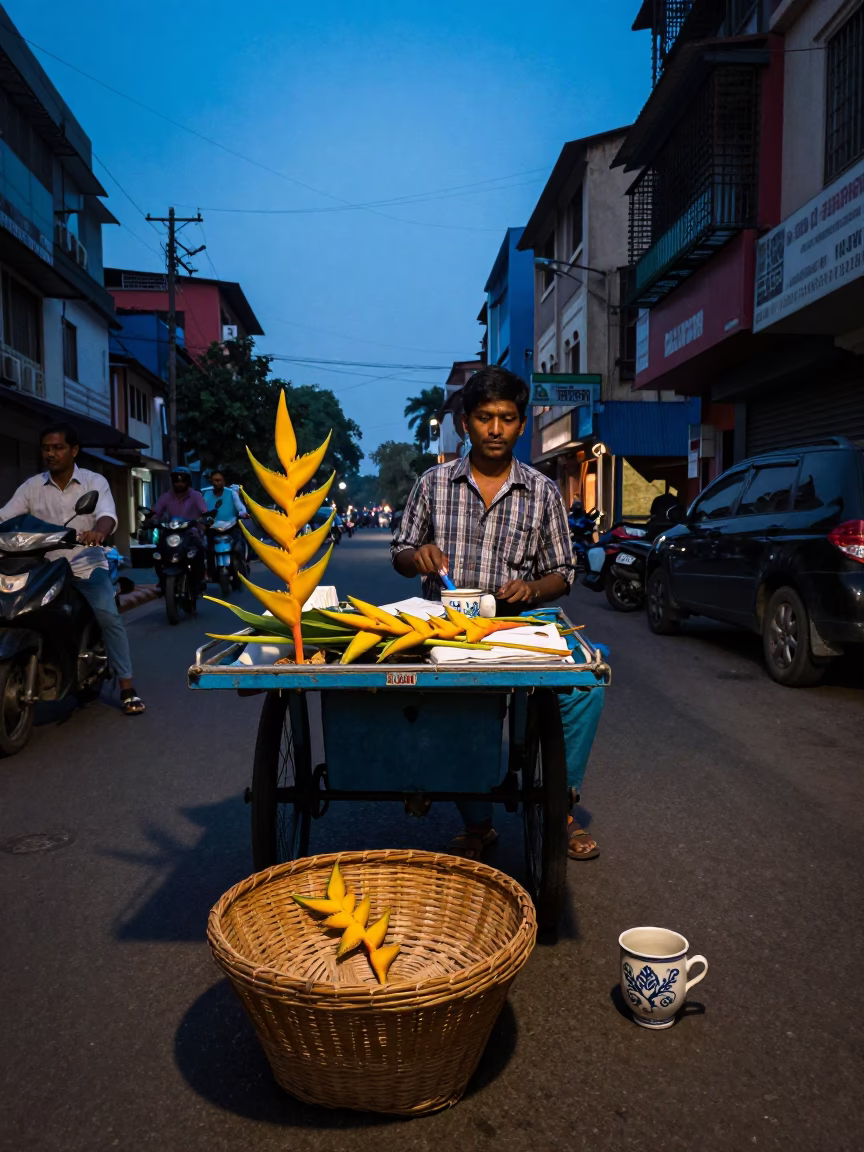 Blue Hour Street Scene in Kolkata India with Heliconia and Ceramic Cup in in Kolkata, India