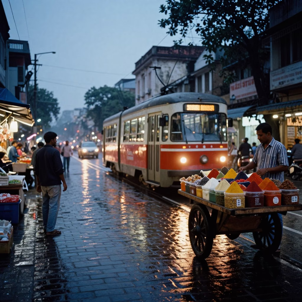 Blue Hour Street Scene in Kolkata India with Tram Reflections and Market Goods in in Kolkata, India