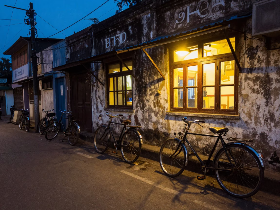 Blue Hour Street Scene in Kolkata India with Vintage Bicycles and Glowing Shop Windows in in Kolkata, India