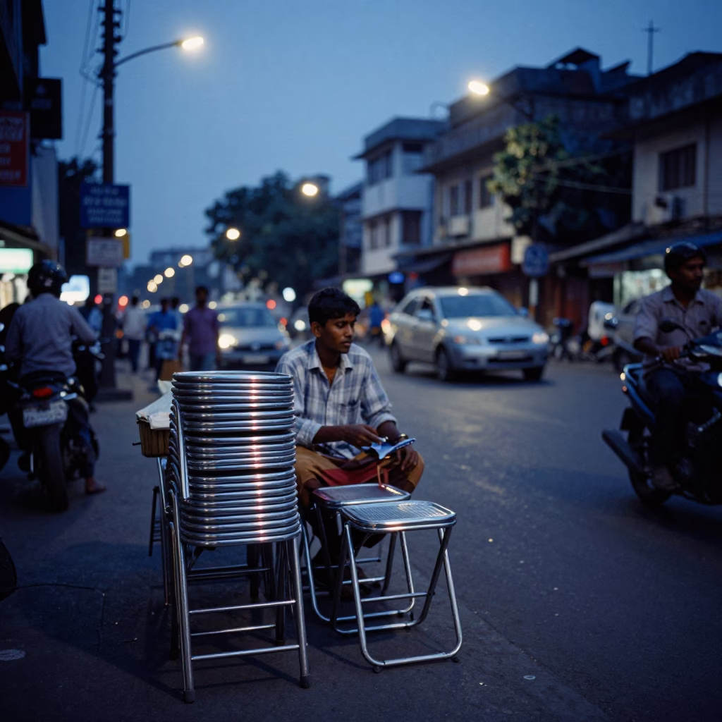 Blue hour street scene in Kolkata with vendor and folding stools in in Kolkata, India