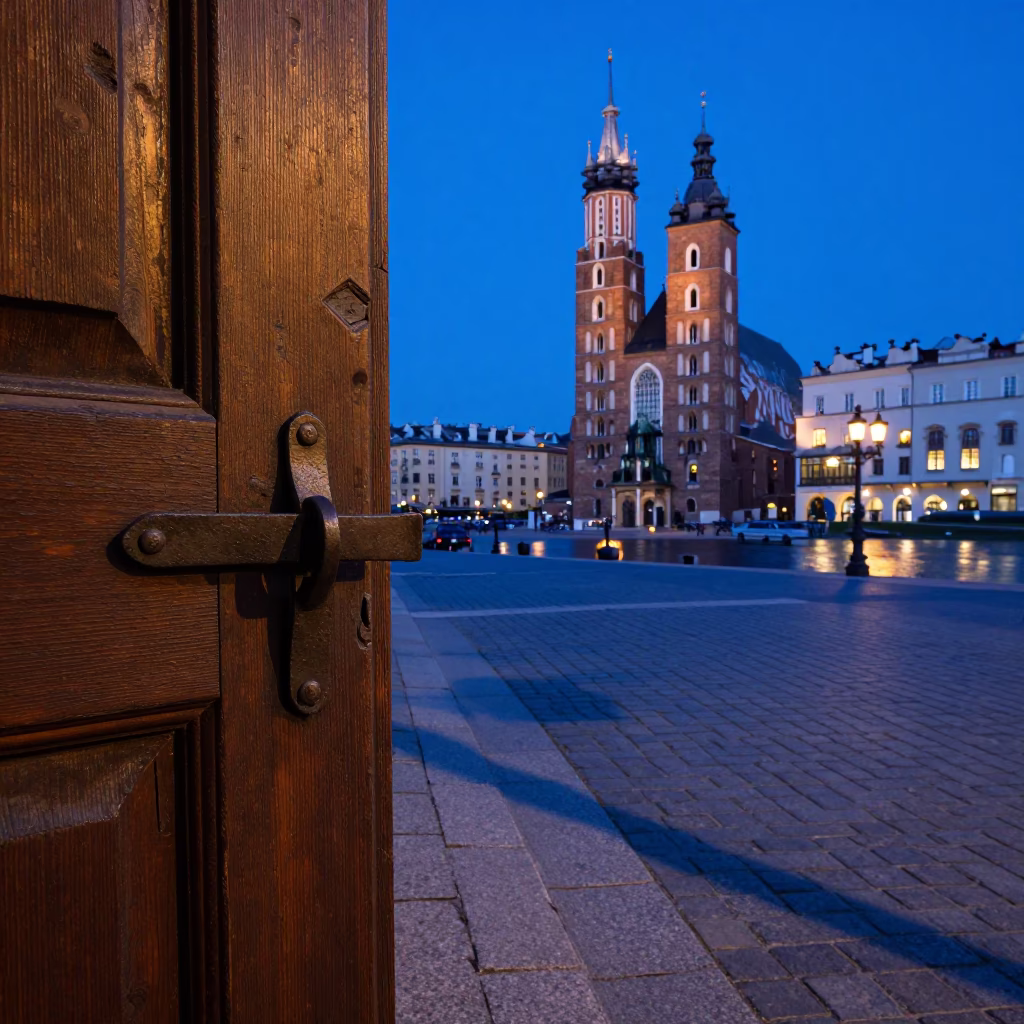 Blue Hour Street Scene in Krakow Poland with Door Latch and Bridge Cradle in in Krakow, Poland