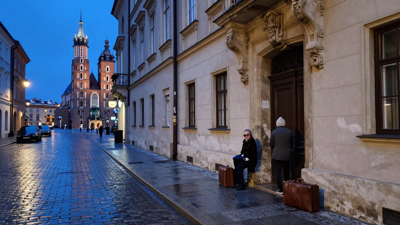 Blue Hour Street Scene in Krakow Poland with Suitcases and Observatory Dome in in Krakow, Poland