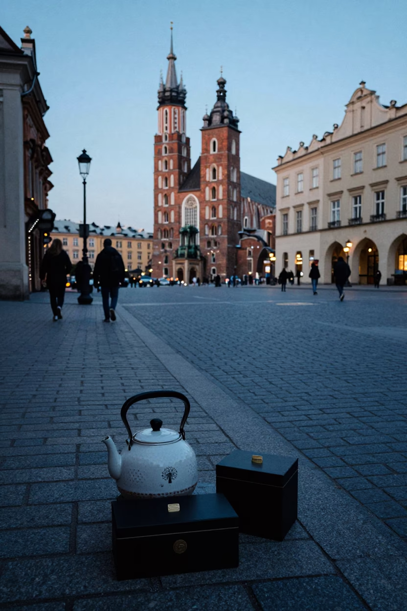 Blue Hour Street Scene in Krakow Poland with Tea Kettle and Hatbox in in Krakow, Poland