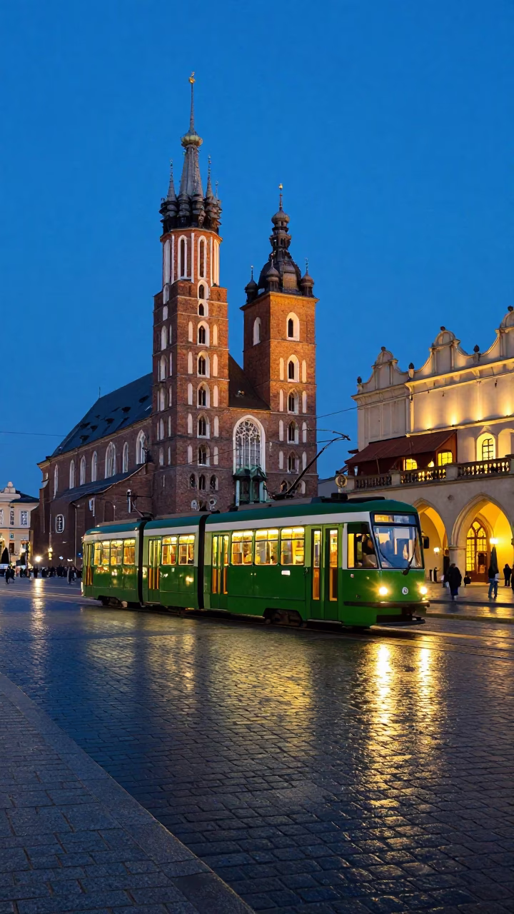 Blue Hour Street Scene in Krakow Poland with Tram and Cobblestone Square in in Krakow, Poland