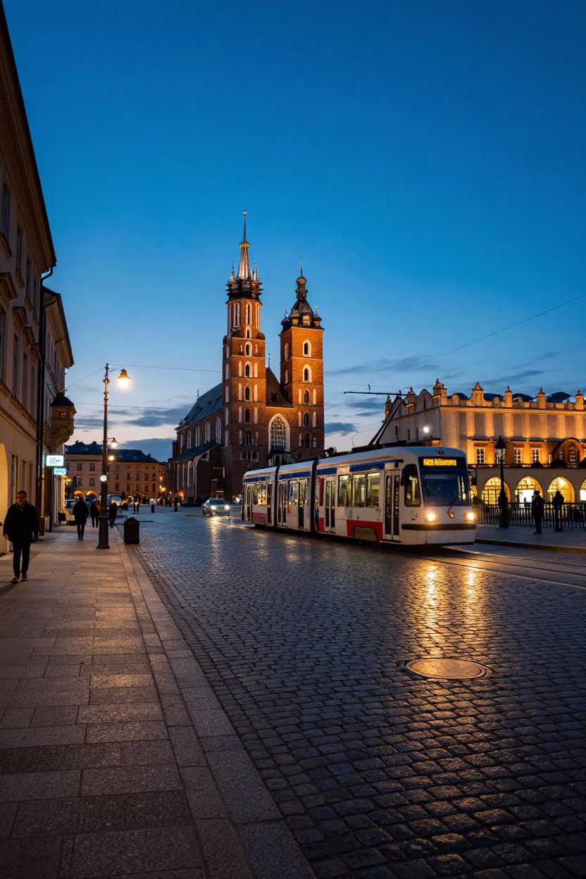 Blue Hour Street Scene in Krakow Poland with Tramcar and Bridge Maintenance in in Krakow, Poland
