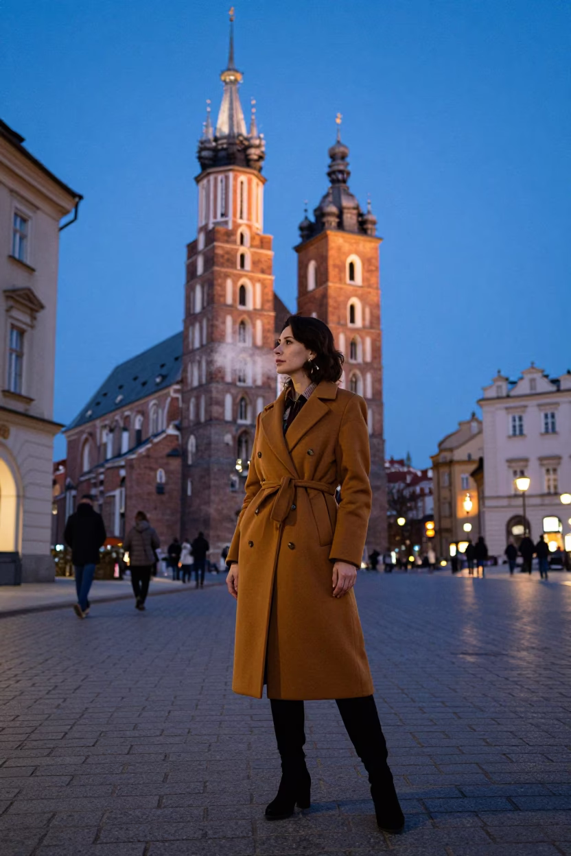 Blue Hour Street Scene in Krakow Poland with Vintage 1970s Fashion and Urban Details in in Krakow, Poland