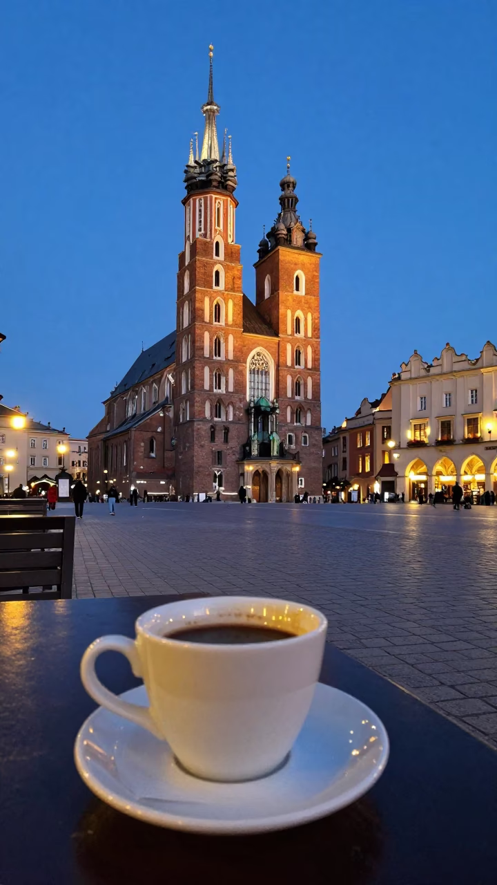 Blue Hour Street Scene in Krakow Poland with Vintage Cafe Cup and Cobblestone Plaza in in Krakow, Poland