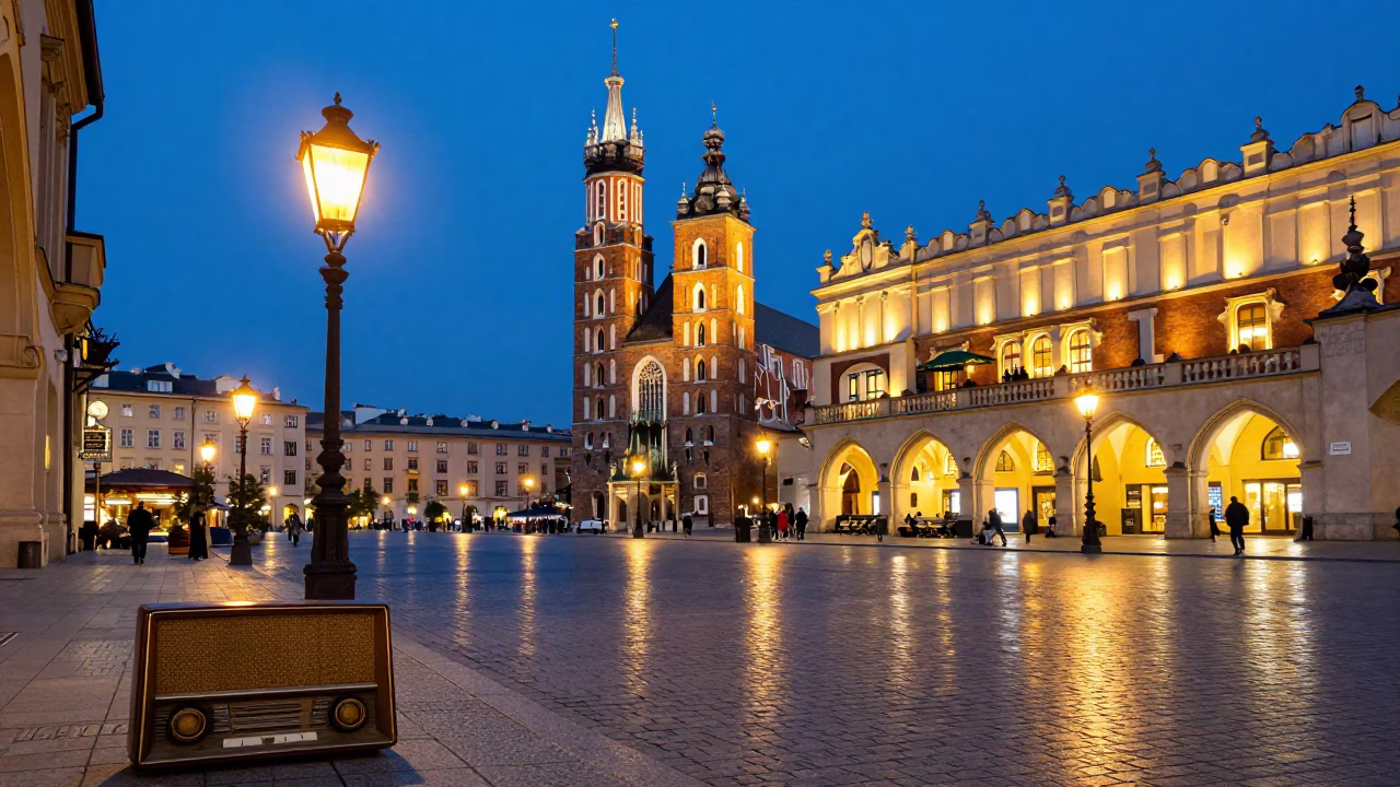 Blue Hour Street Scene in Krakow Poland with Vintage Radio and Busy City Life in in Krakow, Poland
