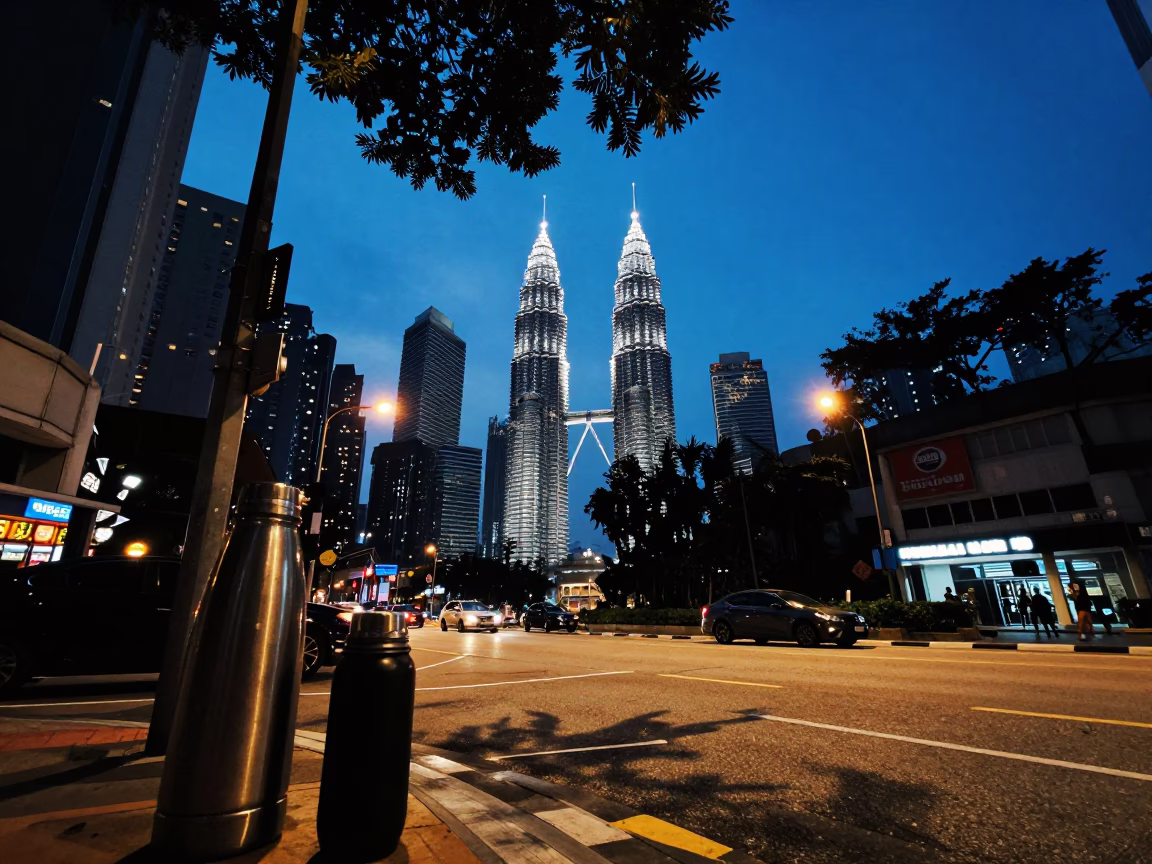 Blue Hour Street Scene in Kuala Lumpur Malaysia with Thermos and Leaf Shadows in in Kuala Lumpur, Malaysia