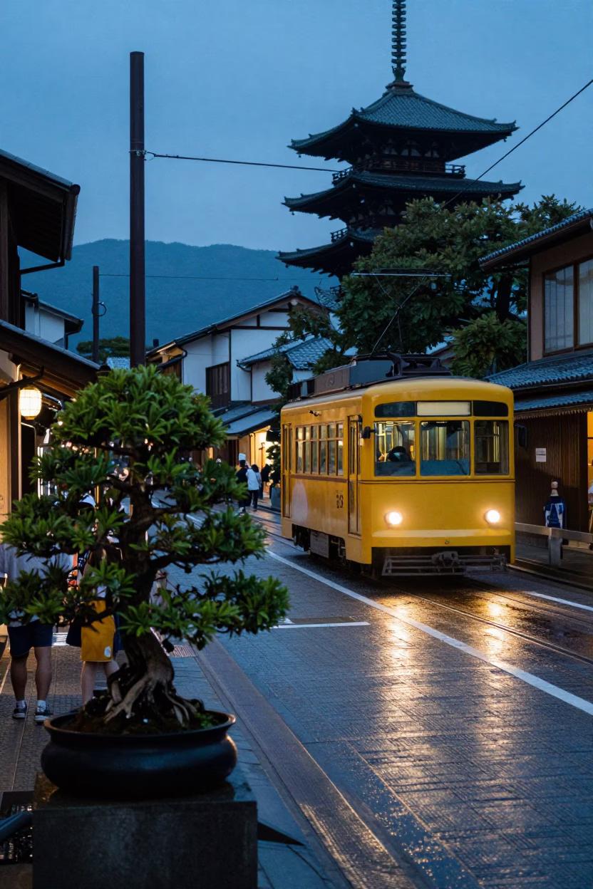 Blue Hour Street Scene in Kyoto Japan with Bonsai and Tram in in Kyoto, Japan