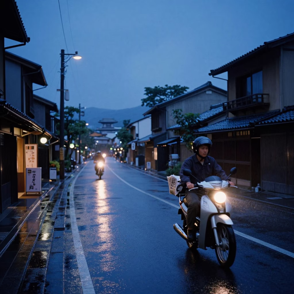 Blue Hour Street Scene in Kyoto Japan with Motorcycle and Newspaper in in Kyoto, Japan