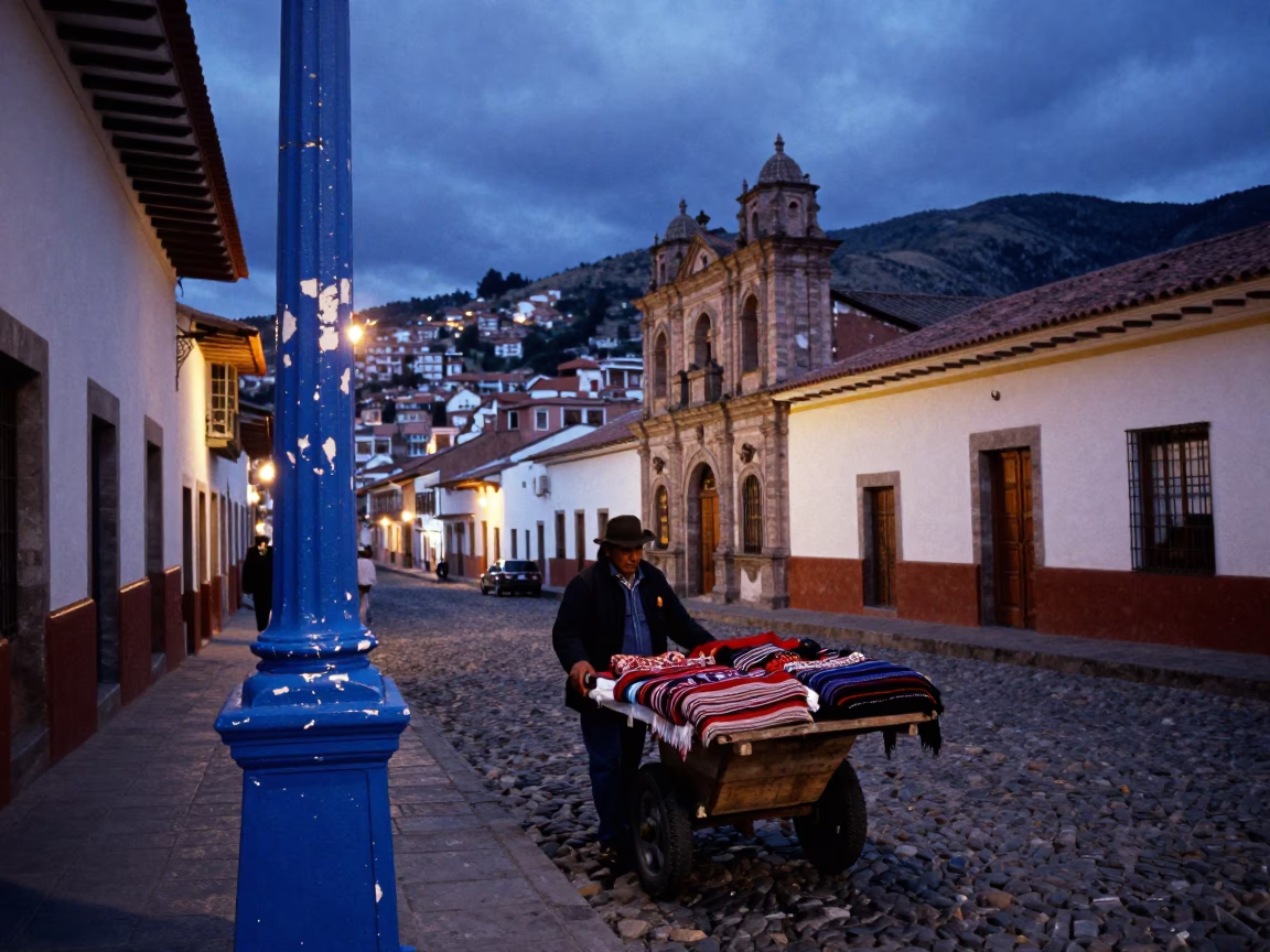 Blue Hour Street Scene in La Paz Bolivia with Chipped Blue Enamel Detail in in La Paz, Bolivia
