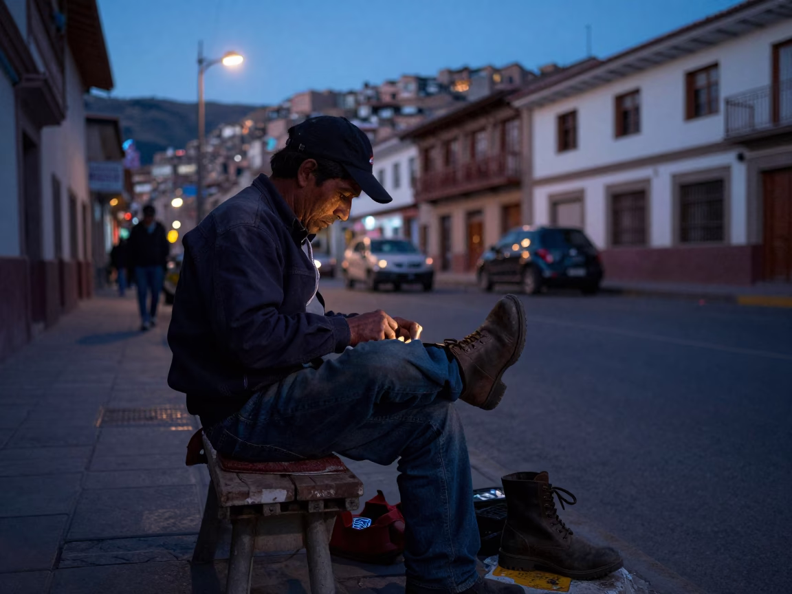 Blue Hour Street Scene in La Paz Bolivia with Cobbler and Urban Life in in La Paz, Bolivia