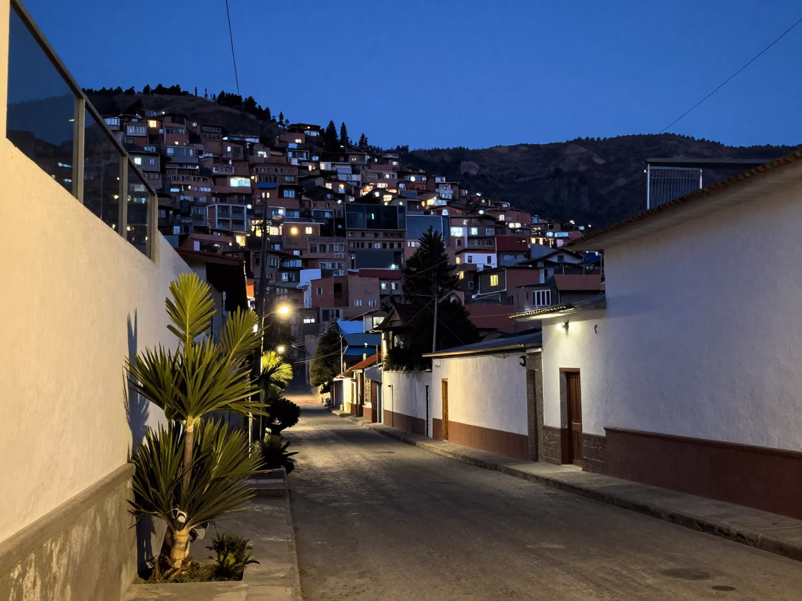 Blue Hour Street Scene in La Paz Bolivia with Houseplant and Glass Rail in in La Paz, Bolivia