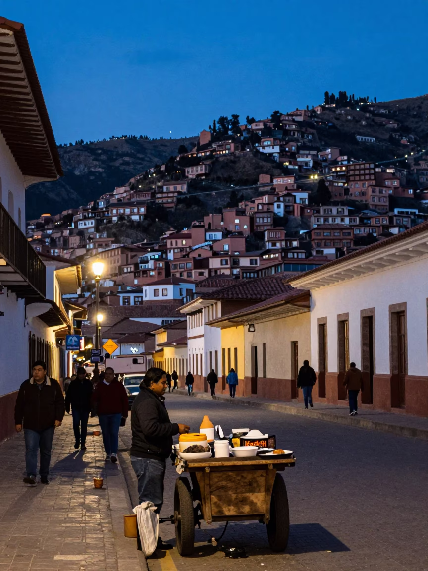 Blue Hour Street Scene in La Paz Bolivia with Local Vendors and Traditional Architecture in in La Paz, Bolivia