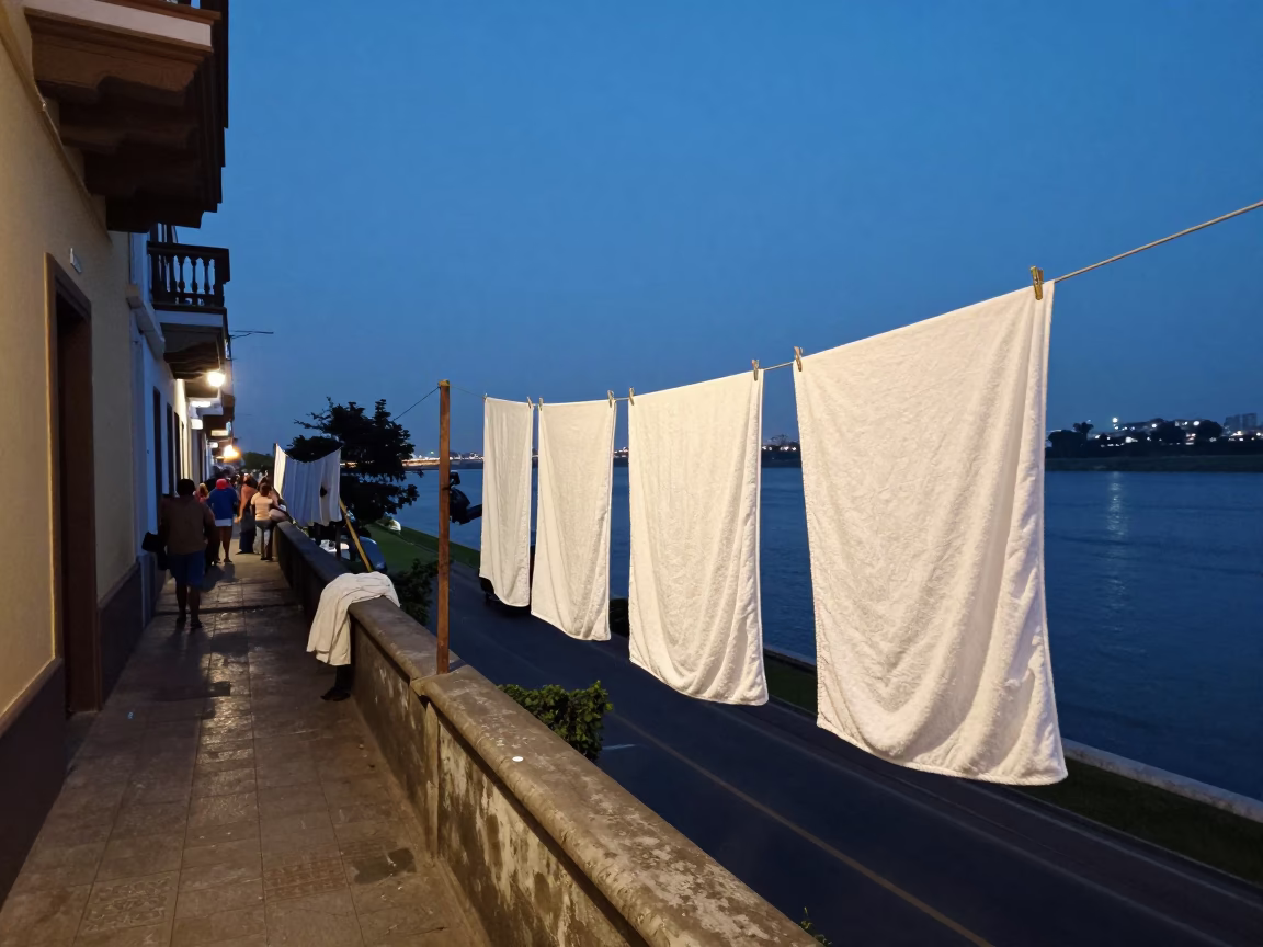 Blue Hour Street Scene in Lima Peru with Drying Towels and Urban River Outfall in in Lima, Peru