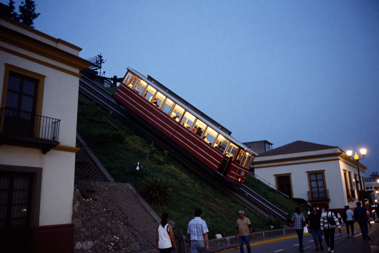 Blue Hour Street Scene in Lima Peru with Funicular Railway Climbing Steep Hillside in in Lima, Peru