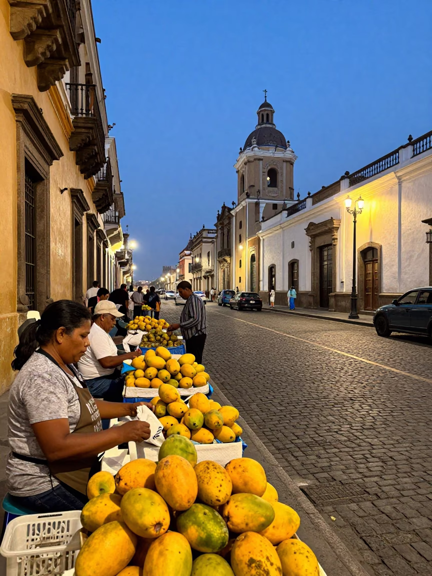Blue Hour Street Scene in Lima Peru with Mangoes and Vintage 1960s Atmosphere in in Lima, Peru