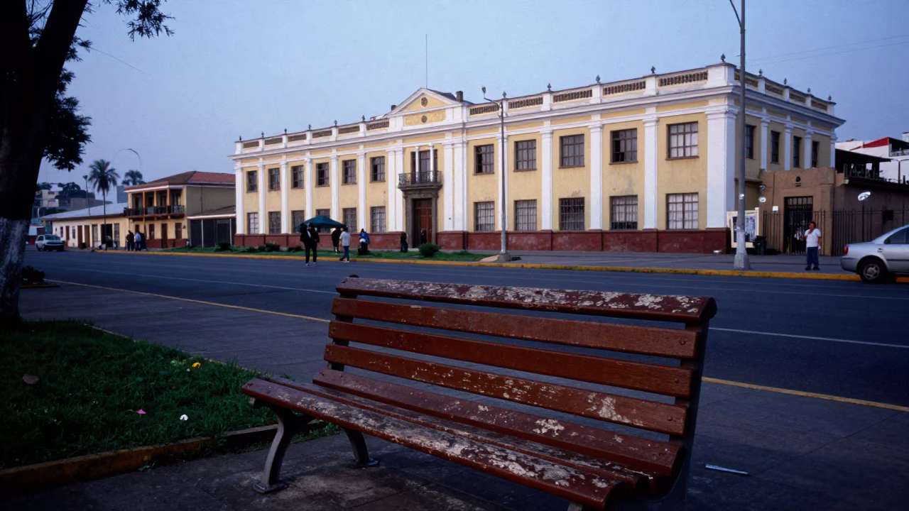 Blue Hour Street Scene in Lima Peru with Park Bench and Faded School Wall in in Lima, Peru
